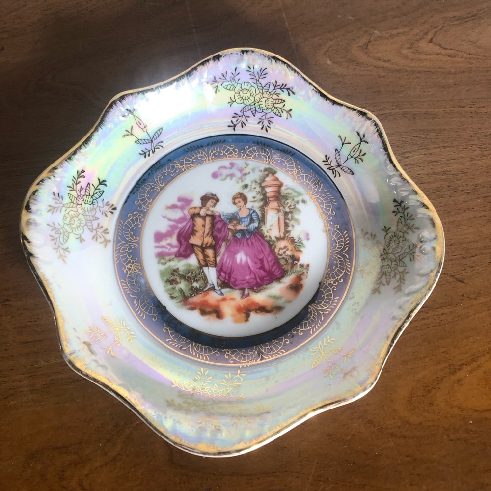 Vintage Pearlescent 7.5 inch square lusterware bowl man/woman Victorian